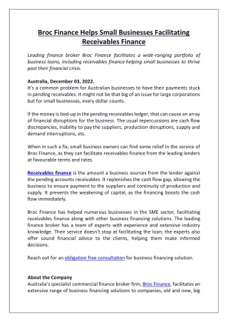 Broc Finance Helps Small Businesses Facilitating Receivables Finance