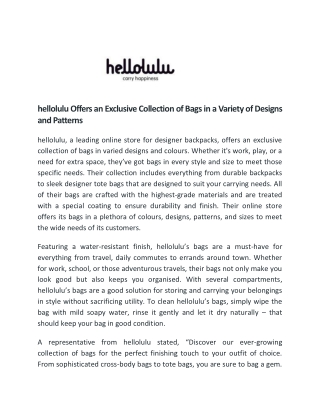 hellolulu Offers Exclusive Collection of Bags in a Variety of Designs and Patterns