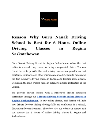 Reason Why Guru Nanak Driving School Is Best for 6 Hours Online Driving Classes in Regina Saskatchewan
