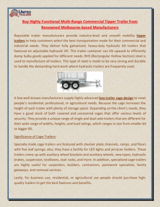 Buy Highly Functional Multi-Range Commercial Tipper Trailer from Renowned Melbourne-based Manufacturers