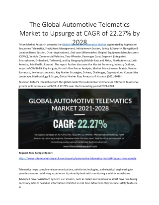 The Global Automotive Telematics Market to Upsurge at CAGR of 22.27% by 2028