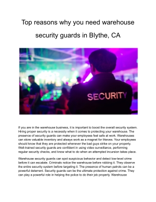 Top reasons why you need warehouse security guards in Blythe, CA