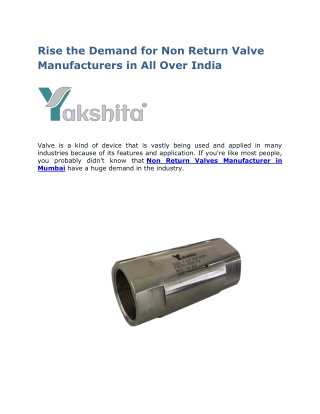 Rise the Demand for Non Return Valve Manufacturers in All Over India