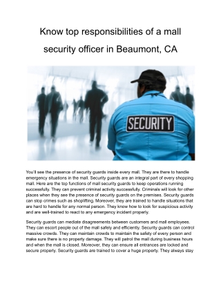 Know top responsibilities of a mall security officer in Beaumont, CA