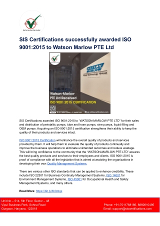 SIS Certifications successfully awarded ISO 9001_2015 to Watson Marlow PTE Ltd