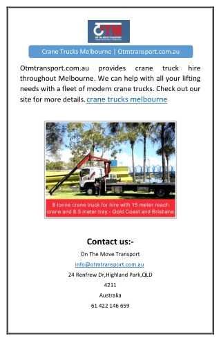 Crane Trucks Melbourne | Otmtransport.com.au