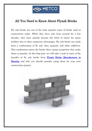 Flyash Bricks Manufacturer In Mumbai | Call  91-9821604604 |  Metco Block