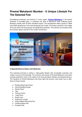 Piramal Mahalaxmi Mumbai - A Unique Lifestyle Apartments For The Selected Few