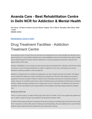 Ananda Care - Best Rehabilitation Centre in Delhi NCR for Addiction & Mental Health