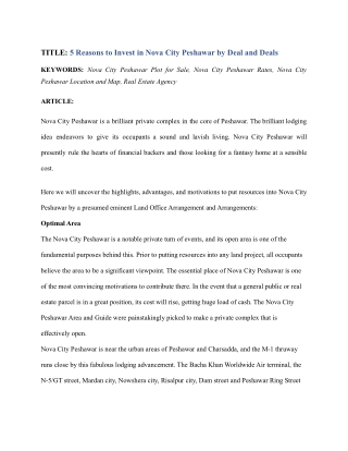 Reasons to invest in Nova city Peshawar by deal and deals