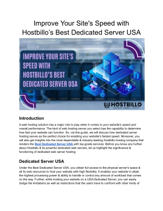 Improve Your Site's Speed with Hostbillo’s Best Dedicated Server USA