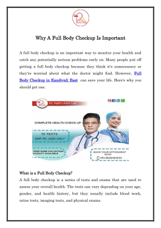Full Body Checkup in Kandivali East | Call  91-9930161014 | Dr. Patil's Path Lab