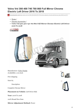 imsautoparts.com-Volvo Vnl 300 400 740 760 860 Full Mirror Chrome Electric Left Driver 2016 To 2018