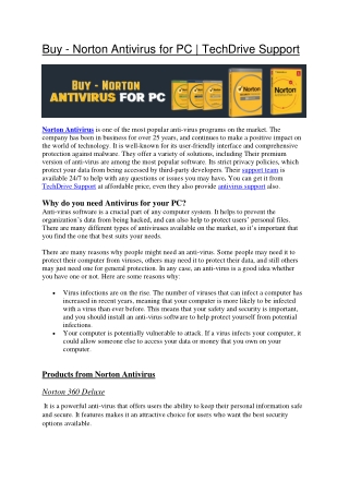 Buy - Norton Antivirus for PC - TechDrive Support