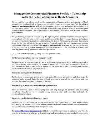 Manage the Commercial Finances Swiftly – Take Help with the Setup of Business Bank Accounts