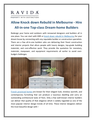 Allow Knock down Rebuild in Melbourne - Hire All-in-one Top-class Dream-home Builders