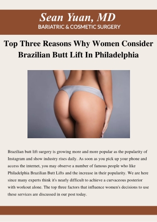 Top Three Reasons Why Women Consider Brazilian Butt Lift In Philadelphia