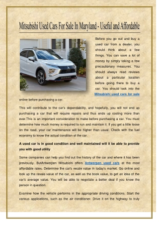 Mitsubishi Used Cars For Sale In Maryland - Useful and Affordable