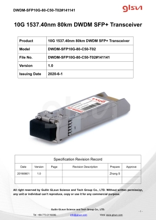 10G 1537.40nm 80km DWDM SFP  Transceiver