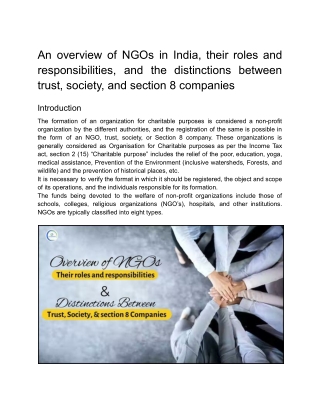 An overview of NGOs in India, their roles and responsibilities, and the distinctions between trust, society, and section