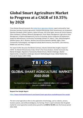 Global Smart Agriculture Market to Progress at a CAGR of 10.35% by 2028