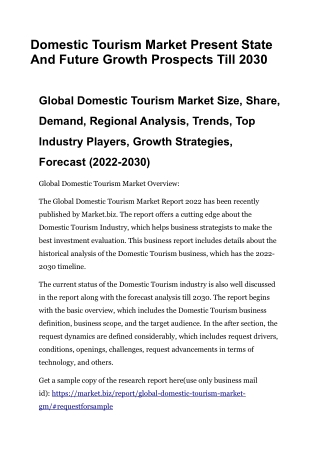 Domestic Tourism Market Present State And Future Growth Prospects Till 2030