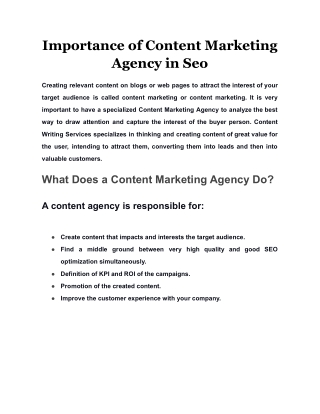 Importance of Content Marketing Agency in Seo