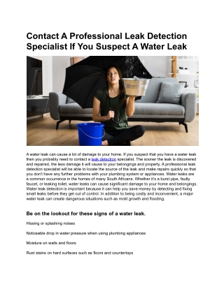 Contact A Professional Leak Detection Specialist If You Suspect A Water Leak