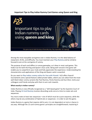 Important Tips to Play Indian Rummy Card Games using Queen and King - A23 Blog