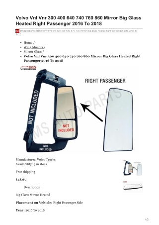 imsautoparts.com-Volvo Vnl Vnr 300 400 640 740 760 860 Mirror Big Glass Heated Right Passenger 2016 To 2018