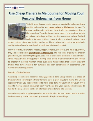 Use Cheap Trailers in Melbourne for Moving Your Personal Belongings from Home