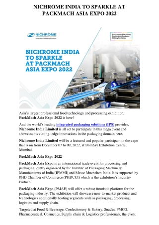NICHROME INDIA TO SPARKLE AT PACKMACH ASIA EXPO 2022