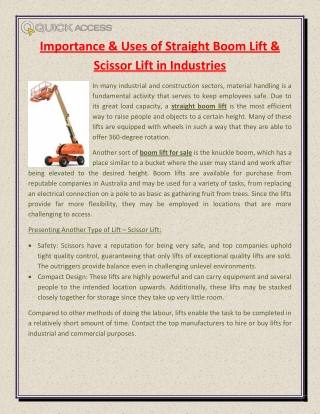 Importance & Uses of Straight Boom Lift & Scissor Lift in Industries