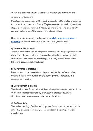 What are the elements of a team at a Mobile app development company in Gurgaon