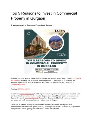 Top 5 Reasons to Invest in Commercial Property in Gurgaon