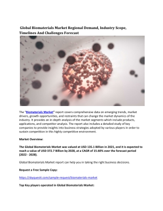 Global Biomaterials Market Regional Demand, Industry Scope, Timelines