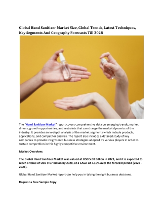 Global Hand Sanitizer Market Size, Global Trends, Latest Techniques, Key Segment