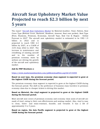 Aircraft Seat Upholstery Market Value Projected to reach $2.3 billion by next 5 years