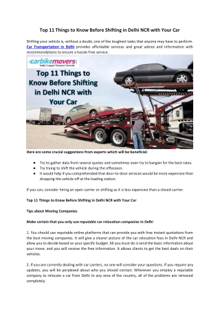 Top 11 Things to Know Before Shifting in Delhi NCR with Your Car