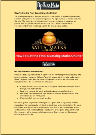 How To Get the Final Guessing Matka Online?