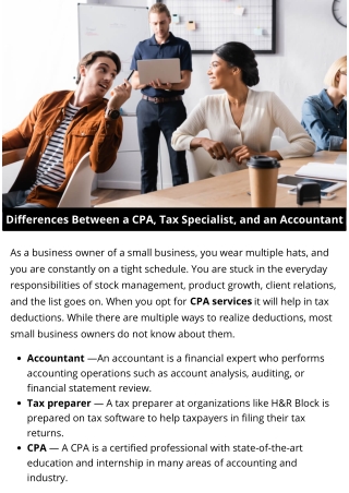 Differences Between a CPA, Tax Specialist, and an Accountant