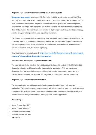 Diagnostic Tape Market Destine to Reach US 107.06 Billion by 2029