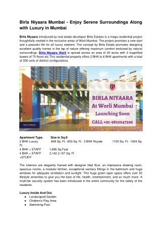 Birla Niyaara Mumbai - Enjoy Serene Luxurious Surroundings Along With Amenities