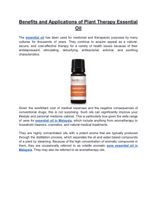 Benefits and Applications of Plant Therapy Essential Oil