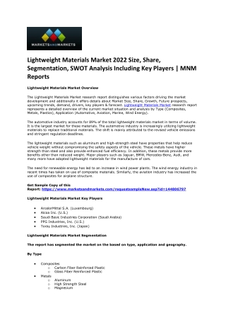 Lightweight Materials Market Scenario, Key Manufacturers and Key Regions