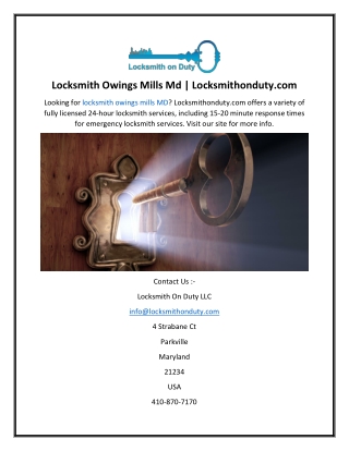 Locksmith Owings Mills Md  Locksmithonduty.com