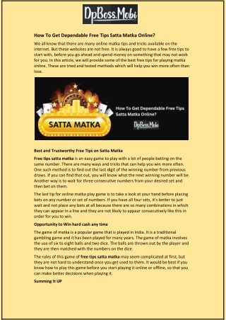 How To Get Dependable Free Tips Satta Matka Online?