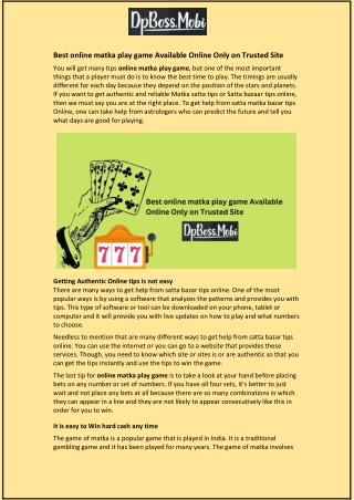 Best online matka play game Available Online Only on Trusted Site