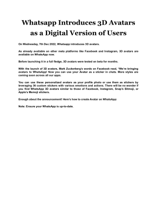 Whatsapp Introduces 3D Avatars as a Digital Version of Users