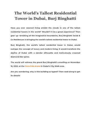 The World’s Tallest Residential Tower in Dubai, Burj Binghatti